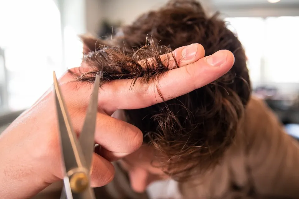 Hairdresser cutting hair with scissors