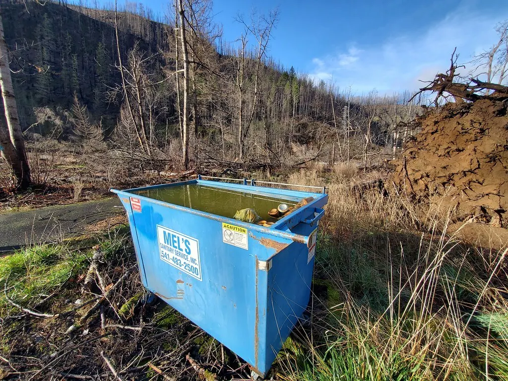 Junk removal: Dumpster at Lazy Bend Campground after Riverside Fire, Mt. Hood National Forest