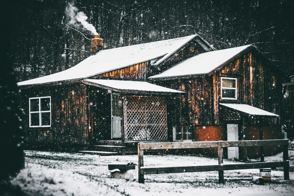 Roof snow removal: Cabin woods winter snow roof