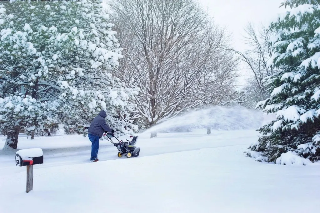 Homeowner snow-blowing a driveway after a storm